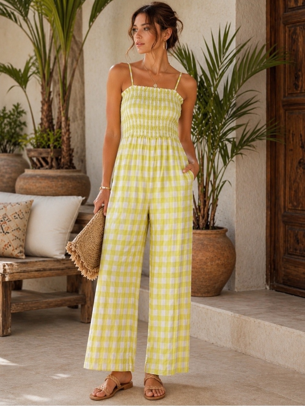 House of Harlow 1960 Gingham Wide-Leg Jumpsuit medium linen blend REVOLVE